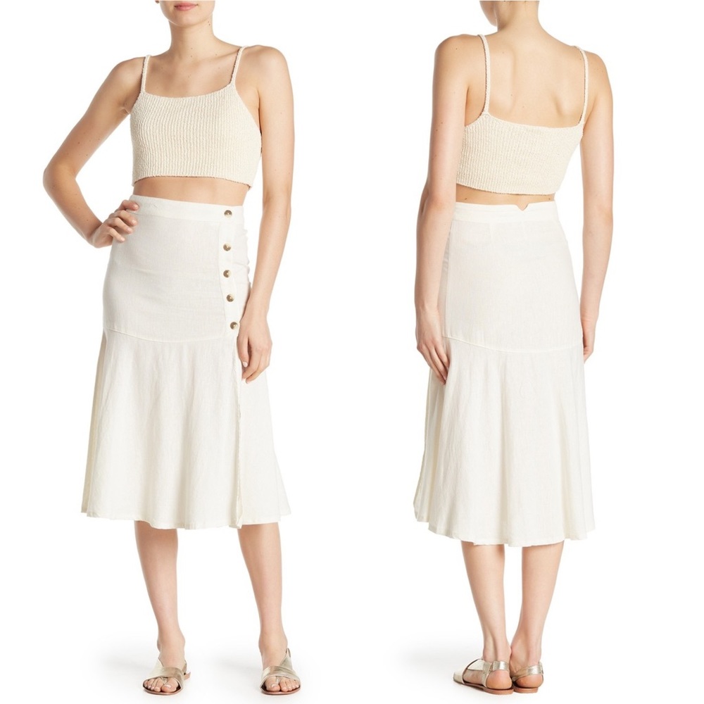 Free People Ecru Linen-Blend “Poppy” Flounced Midi Skirt